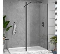 Matt Black 800mm Wet Room Walk in Shower Screen with 300mm Flipper Panel + 8mm Clear Easy Clean Safety Tempered Glass Panel & Black Stainless Steel Support Bars Shower Enclosure Cubicle 1850mm Height