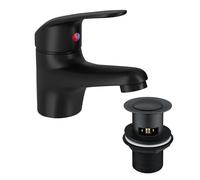 Matt Black Basin Mixer Tap with Pop Up Slotted Waste Monoblock Sink Faucet Single Handle Deck Mounted with Flexi Hoses and Fittings