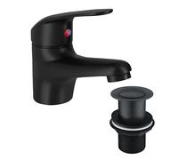 Matt Black Basin Mixer Tap with Pop Up Un-Slotted Waste Monoblock Sink Faucet Single Handle Deck Mounted with Flexi Hoses and Fittings