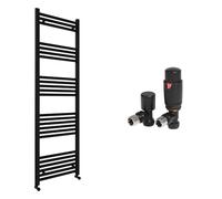 Matt Black Bathroom Straight Heated Towel Rail Radiator 300 x 1600 & Angled Thermostatic Valves