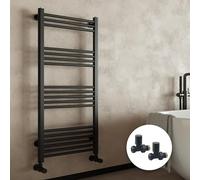 Matt Black Bathroom Straight Heated Towel Rail Radiator 500 x 1000 & Straight Manual Valves