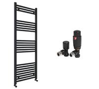 Matt Black Bathroom Straight Heated Towel Rail Radiator 500 x 1400 & Angled Thermostatic Valves
