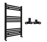 Matt Black Bathroom Straight Heated Towel Rail Radiator 600 x 800 & Dual Fuel Manual Corner Valves