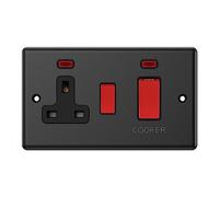 Matt Black Cooker Control Unit w/Neon Black Insert - 2-Gang 45A Cooker Switch with 13A Switched Plug Socket and Neon Indicators