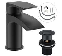 Matt Black Curve Waterfall Cloakroom Basin Mixer Tap Sink Mono Bathroom + Waste By Buyaparcel