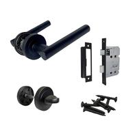 Matt Black Door Handles on Rose - 123mm Modern Lever with 52mm Round Rose | Contemporary Interior Handles | Packs & Complete Sets (1 x Bathroom Version)