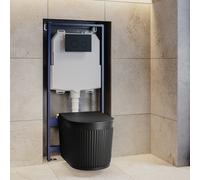 Matt Black Fluted Wall Hung Rimless Toilet with Soft Close Seat Black Mechanical Flush Plate 1168mm Frame & Cistern Ore