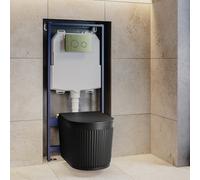 Matt Black Fluted Wall Hung Rimless Toilet with Soft Close Seat Brushed Brass Mechanical Flush Plate 1168mm Frame & Cist