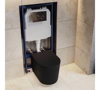 Matt Black Fluted Wall Hung Rimless Toilet with Soft Close Seat Chrome Mechanical Flush Plate 1168mm Frame & Cistern Or