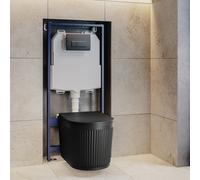 Matt Black Fluted Wall Hung Rimless Toilet with Soft Close Seat Gunmetal Pneumatic Flush Plate 1168mm Frame & Cistern O