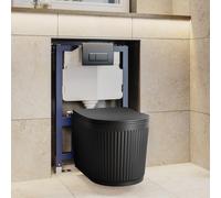 Matt Black Fluted Wall Hung Rimless Toilet with Soft Close Seat Gunmetal Pneumatic Flush Plate 820mm Frame & Cistern Or