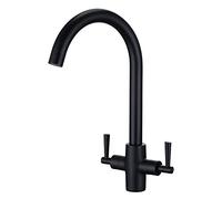 Matt Black Kitchen Taps Dual Lever Monobloc Kitchen Sink Tap Mixer Stainless Steel 360° Swivel Spout Twin Lever Black Sink Taps for Kitchens 1 Hole Peppermint