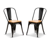 (Matt Black, Oak Wood) 2 Tolix Style Industrial Metal Stacking Dining Chairs Cafe Bistro