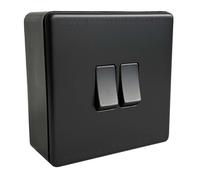 Matt Black Screwless 2 Gang Double Light Switch & 32mm Black Surface Pattress Back Box