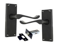 Matt Black Scroll Door Handle Set with Tubular Latches - Victorian Style Internal & External Lever Door Handles with Backplate. Sets 1