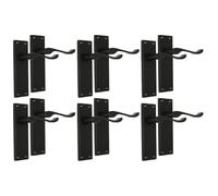Matt Black Scroll Door Handle Set with Tubular Latches - Victorian Style Lever Handles for Internal & External Doors, Backplate Dimensions 150mm x 42mm (6 Pair of Handles)