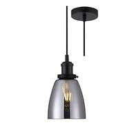 Matt Black & Smoked Conical Tulip Glass Vintage Retro Pendant Ceiling Light | 14cm Diameter | Black Braided Cable | 1 x ES E27 Lamp Bulb Required | 240 Volts | Bedroom - Lounge - Kitchen