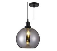 Matt Black & Smoked Domed Globe Glass Vintage Retro Pendant Ceiling Light | 25cm Diameter | Black Braided Cable | 1 x ES E27 Lamp Bulb Required | 240 Volts | Bedroom - Lounge - Kitchen