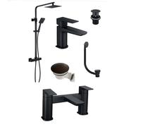 Matt Black | Square Thermostatic Overhead Shower Kit with Basin Tap, Bath Filler and Wastes | Complete Pack | Inc All Wastes | Matt Black Finish |
