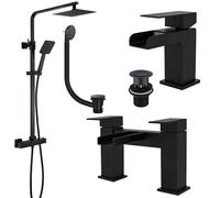 Matt Black Square Thermostatic Shower Kit Waterfall Basin Tap Bath Filler, and Pop-Up Waste - Modern Bathroom Faucet Set