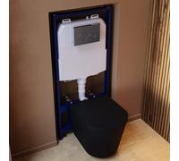 Matt Black Wall Hung Rimless Toilet with Soft Close Seat Chrome Mechanical Flush Plate 1168mm Frame & Cistern Verona