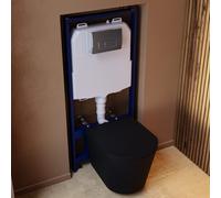 Matt Black Wall Hung Rimless Toilet with Soft Close Seat Chrome Pneumatic Flush Plate 1168mm Frame & Cistern Verona