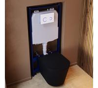 Matt Black Wall Hung Rimless Toilet with Soft Close Seat White Glass Sensor Flush Plate 1168mm Frame & Cistern Verona