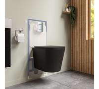 Matt Black Wall Hung Toilet with Soft Close Seat Frame Cistern and Chrome Flush - Verona