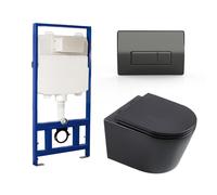 Matt Black Wall Hung Toilet with Soft Close Toilet Seat Gunmetal Pneumatic Flush Plate 1168mm Frame & Cistern - Newport