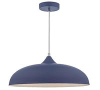 Matt Blue Metal Vintage Shallow Curved Dome Pendant Ceiling Light | 45cm Diameter | Braided White Cable | Chrome Accent | 1 x ES E27 Lamp Bulb Required | 240 Volts | Bedroom - Lounge - Kitchen