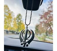 Matt Finish Black Khanda for Car Hanging Sikh Punjabi Rear View Mirror Hanging Punjabi Car Dashboard Accessory 3.2 inch Wide with Black Beads Chain Loop Made of Stainless Steel