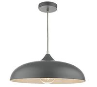 Matt Graphite Grey Metal Vintage Shallow Curved Dome Pendant Ceiling Light | 45cm Diameter | Grey Braided Cable | Chrome Accent | 1 x ES E27 Lamp Required | 240 Volts | Bedroom - Lounge - Kitchen