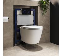 Matt White Wall Hung Rimless Toilet with Soft Close Seat Black Glass Sensor Flush Plate 820mm Frame & Cistern Newport