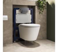 Matt White Wall Hung Rimless Toilet with Soft Close Seat Chrome Pneumatic Flush Plate 820mm Frame & Cistern Newport