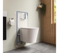Matt White Wall Hung Rimless Toilet with Soft Close Seat Chrome Pneumatic Flush Plate Grohe Frame & Cistern Verona