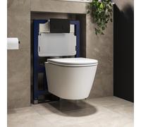Matt White Wall Hung Rimless Toilet with Soft Close Seat Matt Black Pneumatic Flush Plate 820mm Frame & Cistern Newport