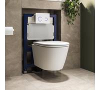 Matt White Wall Hung Rimless Toilet with Soft Close Seat White Glass Sensor Flush Plate 820mm Frame & Cistern Newport