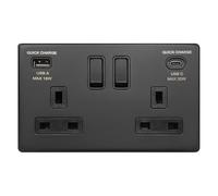 Matte Black 13A Double Switched Wall Socket with USB Type-A PD 20W Quick Charge Type-C Ports, Double Pole, BL4118