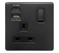 Matte Black 13A Single Switched Wall Socket with USB Type-A PD 20W Quick Charge Type-C Ports, Double Pole, BL4112