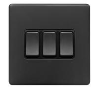 Matte Black 3 Gang Light Switch, 2 Way, 10AX 250V, Flat Plate Design BL306