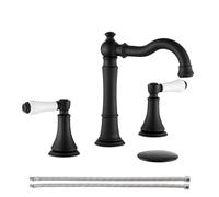 Matte Black 8 inch Widespread Bathroom Sink Faucets 3 Holes with Pop-Up Drain and 2Pcs Water Supply Lines, Traditional Porcelain Two Handle Spread Bath Vanity Faucet with Brass 360° Swivel Spout