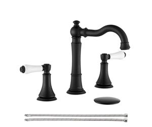 Matte Black 8 inch Widespread Bathroom Sink Faucets 3 Holes with Pop-Up Drain and 2Pcs Water Supply Lines, Traditional Porcelain Two Handle Spread Bath Vanity Faucet with Brass 360° Swivel Spout
