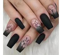 Matte Black Cherry Blossom Short Almond Press On False Nails With Glossy Floral Design - 24Pcs Pink And Black Ombre Nail Tips For Easy Application Manicure, Ready To Wear And Sophisticated