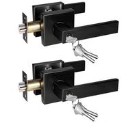 Matte Black Door Handle with Lock, 2 Pack, Keyed Alike Exterior Door Handle, Heavy Duty Square Door Knob for Interior/Exterior Use, Left and Right Hand Door Reversible