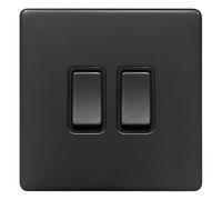 Matte Black Double Light Switch, 2 Gang 2 Way, 10AX 250V, Flat Plate Design BL304