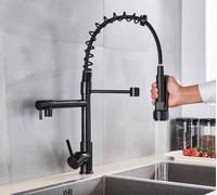 Matte Black Dual Spout Kitchen Sink Mixer Tap - Deck Mount Spring Design for Hot & Cold Water, Stylish Kitchen Faucet for Modern Home, Pursue Happiness in Every Drop