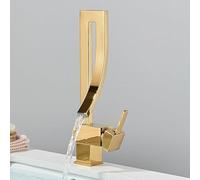 Matte Black Elegant Brass Bathroom Square Basin Faucet Deck Mounted Waterfall Mixer Tap Hot Cold Water for(Polished Gold)