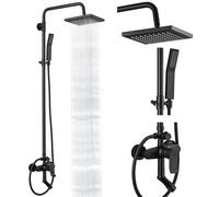 Matte Black Exposed Shower System Triple Function Bathroom Shower Faucet 8 Inch Square Swivel Rainfall Shower Head with Handheld Adjustable Complete Set Tub Spout Wall Mount