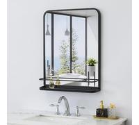 Matte Black Farmhouse Bathroom Mirror with Shelf Modern Vanity Mirror for Wall, Rectangle Metal Framed Rounded Corner Wall Mirror for Bathroom Living Room,Entryway,21×26.7 Inch