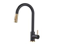 Matte Black Kitchen Faucet Pull-Down Spray with Mode Switch Deck Mount Hot & Cold Mixer Gold Accents Modern Design Easy Installation Dual Functionality
